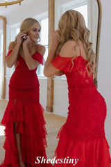 Cold Shoulder red Mermaid Prom Dress with Applique