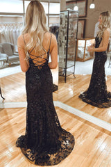 Sparkly Black Spaghetti Straps Sheath Long Prom Dress with Slit