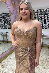 Sparkly Gold Sheath Sweetheart Long Prom Dress with Slit