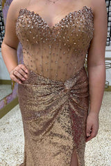Sparkly Gold Sheath Sweetheart Long Prom Dress with Slit
