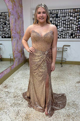 Sparkly Gold Sheath Sweetheart Long Prom Dress with Slit