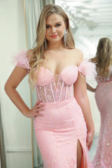 Sparkly Pink Mermaid Long Prom Corset Dress With Slit