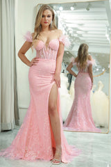 Sparkly Pink Mermaid Long Prom Corset Dress With Slit