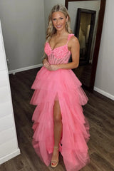 Sparkly Pink Spaghetti Straps Princess Long Corset Prom Dress with Appliques