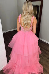 Sparkly Pink Spaghetti Straps Princess Long Corset Prom Dress with Appliques