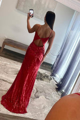 Sparkly Red Sequin Spaghetti Straps Sheath Long Prom Dress with Appliques