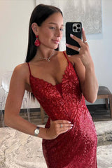 Sparkly Red Sequin Spaghetti Straps Sheath Long Prom Dress with Appliques