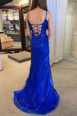 Sparkly Sequin Royal Blue Spaghetti Straps Sheath Long Prom Dress