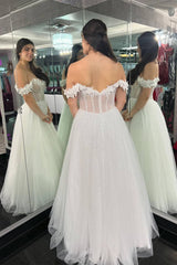 White Off the Shoulder A-Line Long Prom Dress with Appliques