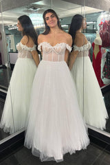 White Off the Shoulder A-Line Long Prom Dress with Appliques