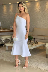 White One Shoulder Sheath Satin Tea Length Prom Dress