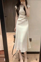 White Satin Boat Neck Tea Length Prom Dress