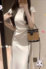 White Satin Boat Neck Tea Length Prom Dress