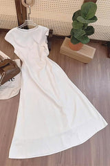 White Satin Boat Neck Tea Length Prom Dress