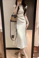 White Satin Boat Neck Tea Length Prom Dress