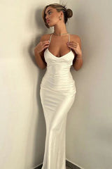 White Spaghetti Straps Mermaid Satin Long Prom Dress with Sleeveless