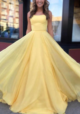 Yellow A-line Spaghetti Straps Chiffon Prom Dress with Sweep Train