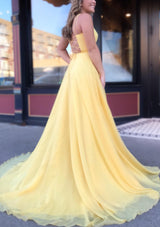 Yellow A-line Spaghetti Straps Chiffon Prom Dress with Sweep Train