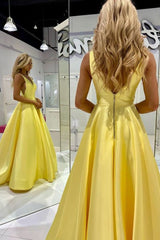 Yellow A Line V Neck Satin Long Prom Dress