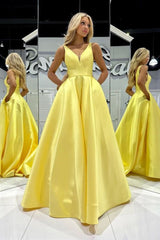 Yellow A Line V Neck Satin Long Prom Dress