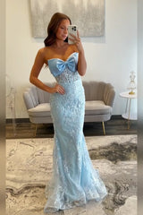 Sky Blue Mermaid Strapless Long Corset Prom Dress with Appliques