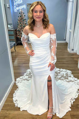 Elegant Sweetheart White Mermaid Slit Sweep Train Bride Dress with Sleeves