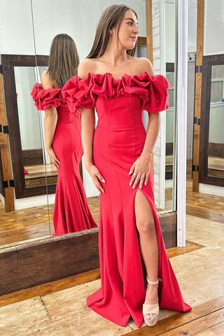 Ruffles Red Off-the-Shoulder Trumpet Long Prom Dress with Slit