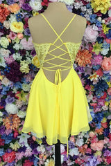 Yellow Lace Plunge V Lace-Up Back A-Line Short Dress