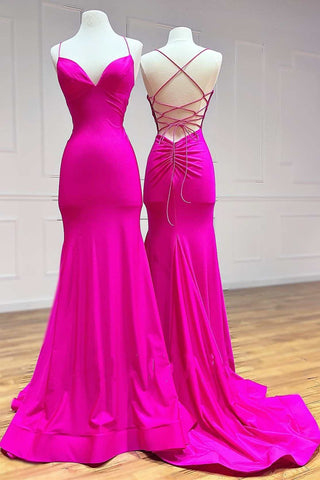 Neon Pink V-Neck Lace-Up Back Mermaid Long Prom Dress