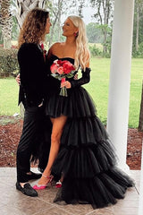 Hot Pink Strapless Lace-Up Back Tulle Layers Lace Hi-Low Prom Gown