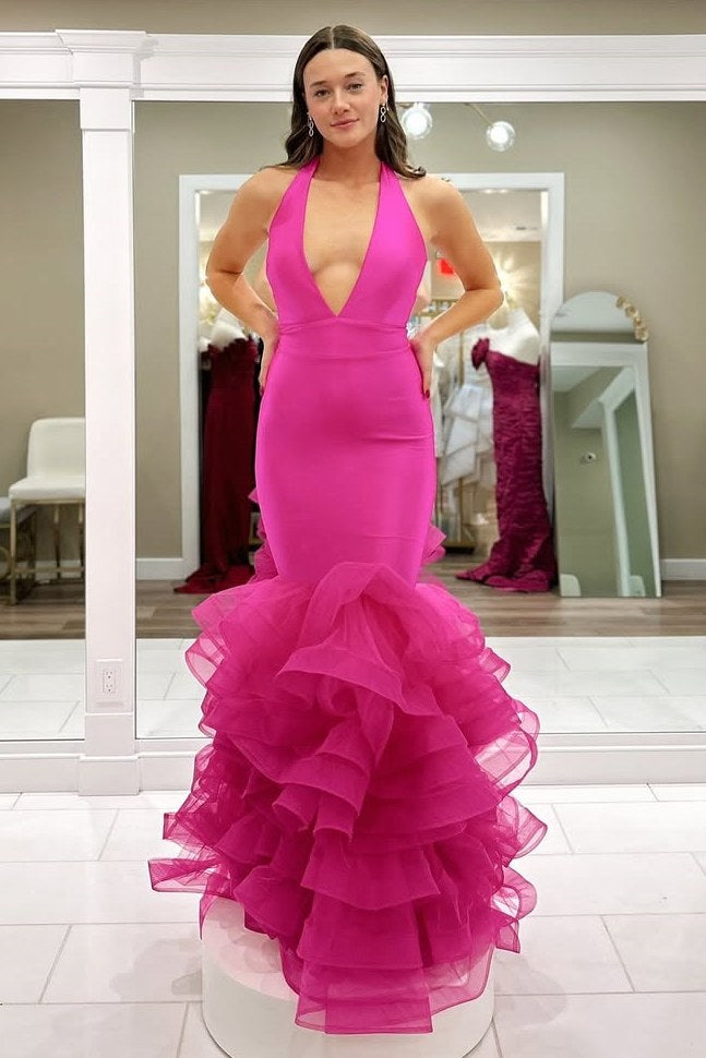 Fuchsia Halter V-Neck Mermaid Sweet Curling Tulle Prom Dress