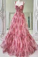 Floral Print Pink Sweetheart A-Line Prom Dress with Straps