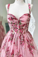 Floral Print A-Line Prom Dress with Straps