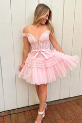 Pink Tulle Off-the-Shoulder Bow Tiered Short Party Dress with Ruffles