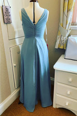 Slate Blue Chiffon Surplice Sleeveless A-Line Long Bridesmaid Dress