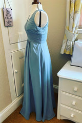 Slate Blue Chiffon Surplice Sleeveless A-Line Long Bridesmaid Dress