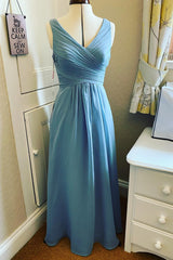 Slate Blue Chiffon Surplice Sleeveless A-Line Long Bridesmaid Dress