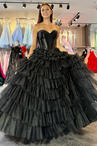 Black Sweetheart Tiered A-Line Long Gown with Ruffles