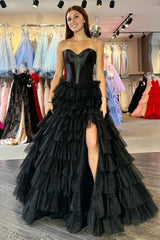 Black Sweetheart Tiered A-Line Long Gown with Ruffles