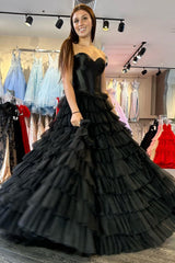 Black Sweetheart Tiered A-Line Long Gown with Ruffles