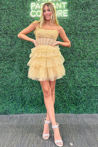 Gold Sequin Tulle Strapless Tiered Short Dress with Ruffles