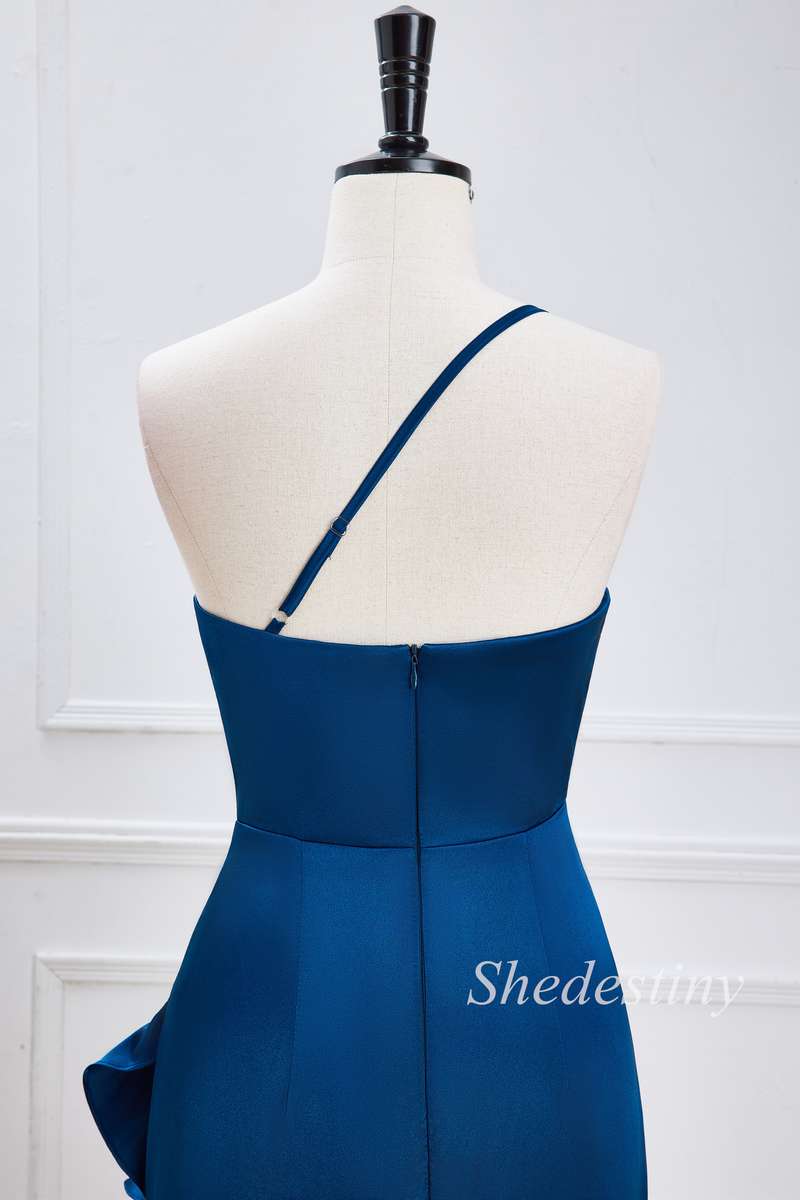 One-Shoulder Blue Ruffle High-Low Formal Dress