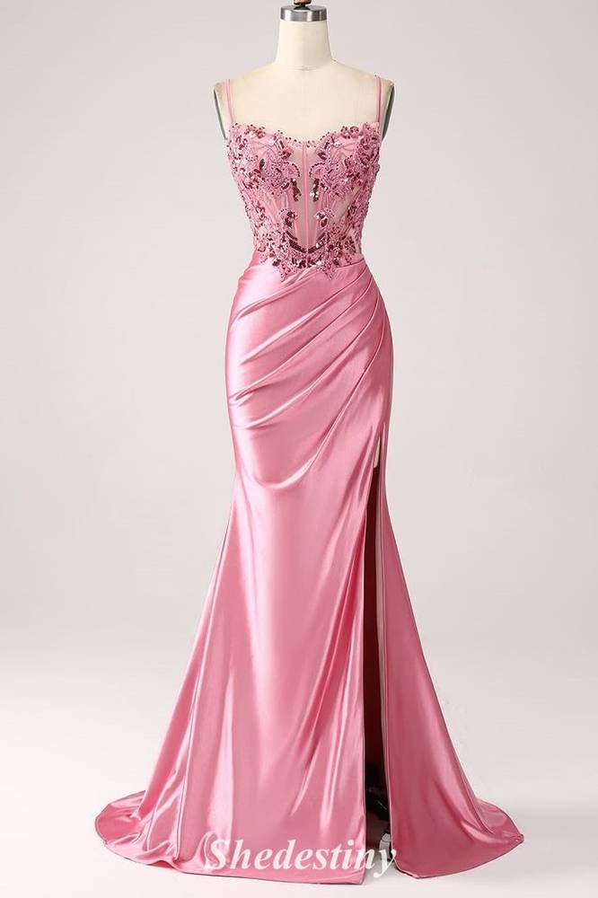 Sequin Applique Sweetheart Mermaid Pink Prom Dress with Slit