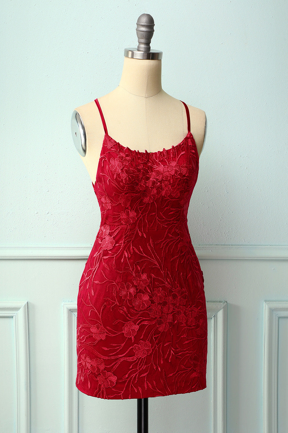Red Floral Appliques Lace-Up Bodycon Cocktail Dress
