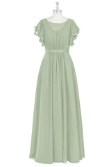 Dusty Sage Layers Butterfly Sleeves Chiffon Long Bridesmaid Dress