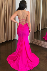  Mermaid Hot Pink Spaghetti Straps Formal Gown with Rhinestones