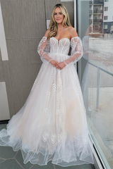 White A-line Strapless Appliques Long Wedding Dress with Detachable Sleeves