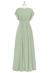 Dusty Sage Layers Butterfly Sleeves Chiffon Long Bridesmaid Dress