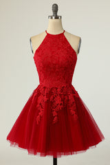 Red Tulle Halter Short Homecoming Dress with Appliques