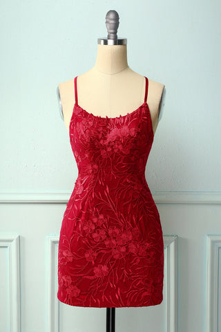 Red Floral Appliques Lace-Up Bodycon Cocktail Dress